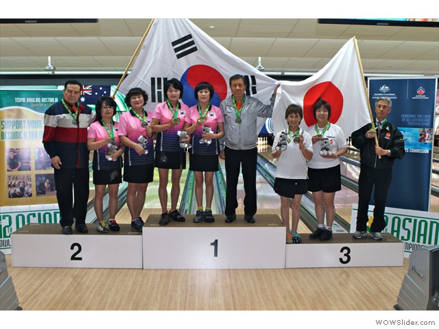 Senior Women's Doubles medallists Pic Barry Davies